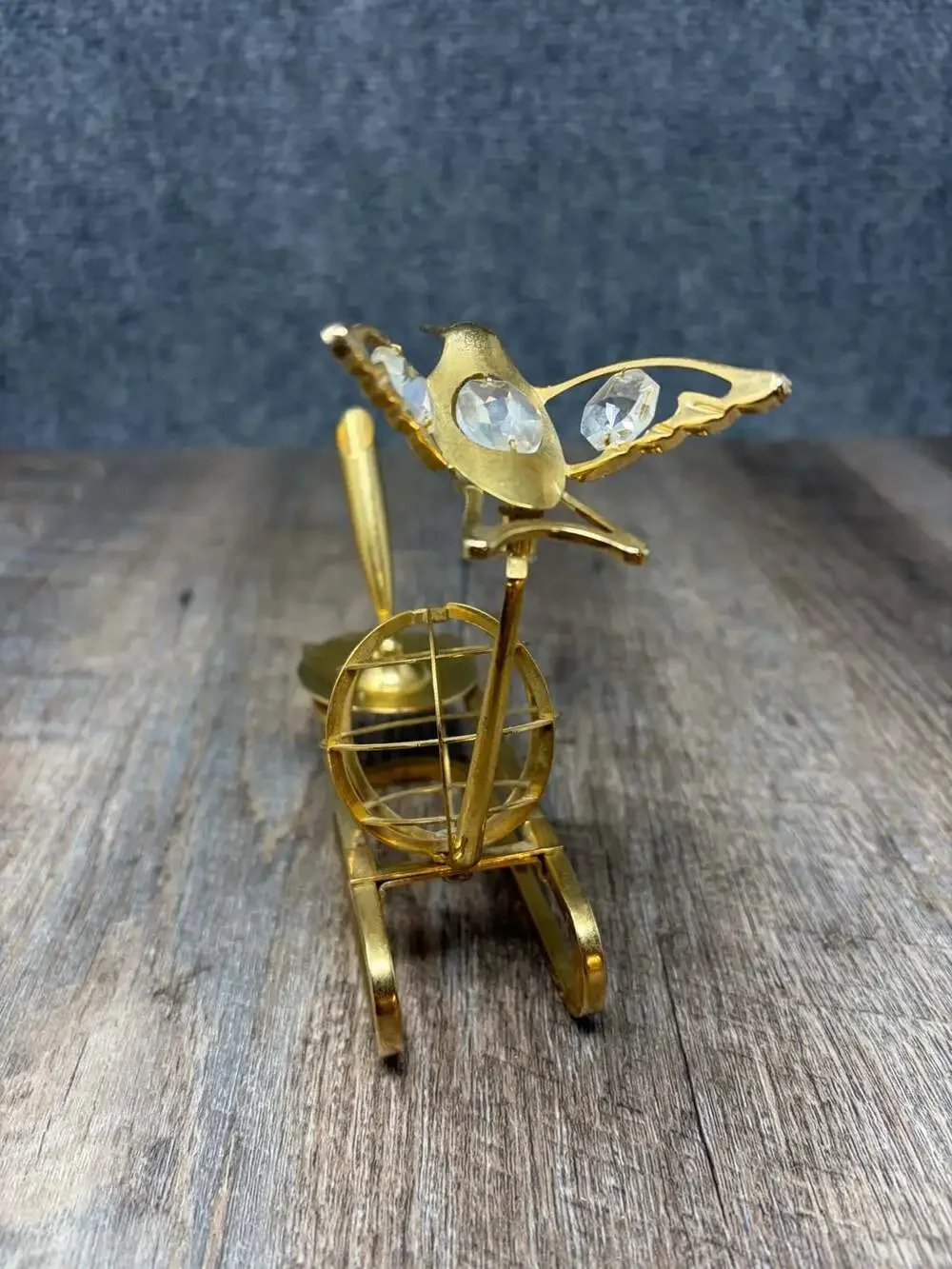 Vintage 5” Gold Colored Metal Pen Stand with Armillary Sphere and Crystal bird